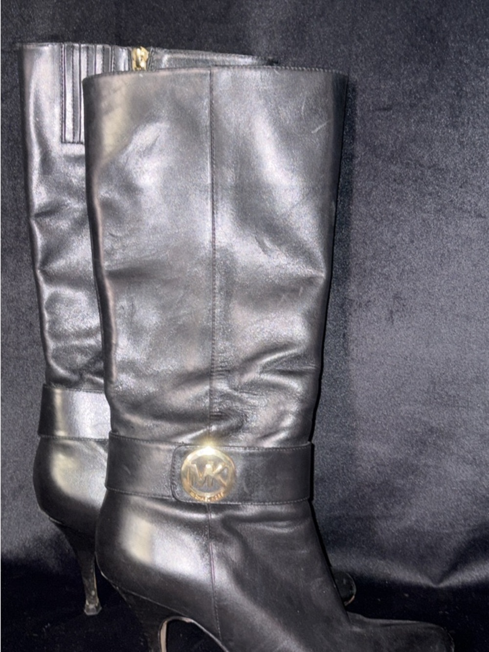 Michael Kors Black Leather Knee-High Boots with Gold MK Emblem